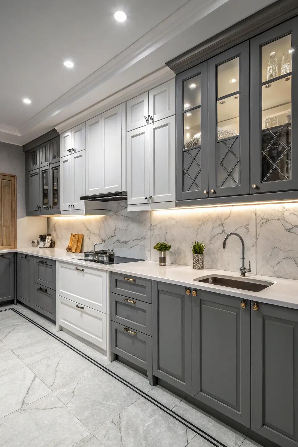 A dynamic kitchen with varied finishes for added depth.