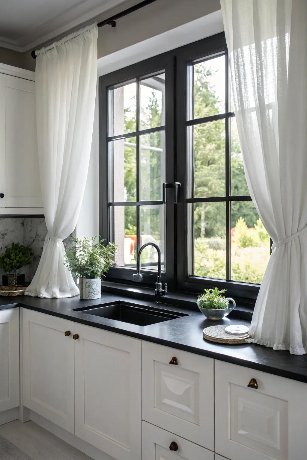 Black and white elements create a timeless look at the kitchen window.