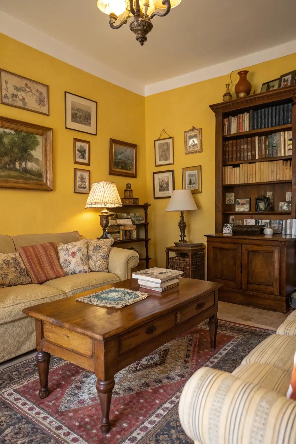 Mustard yellow walls bring warmth and cheerfulness to this inviting living room.