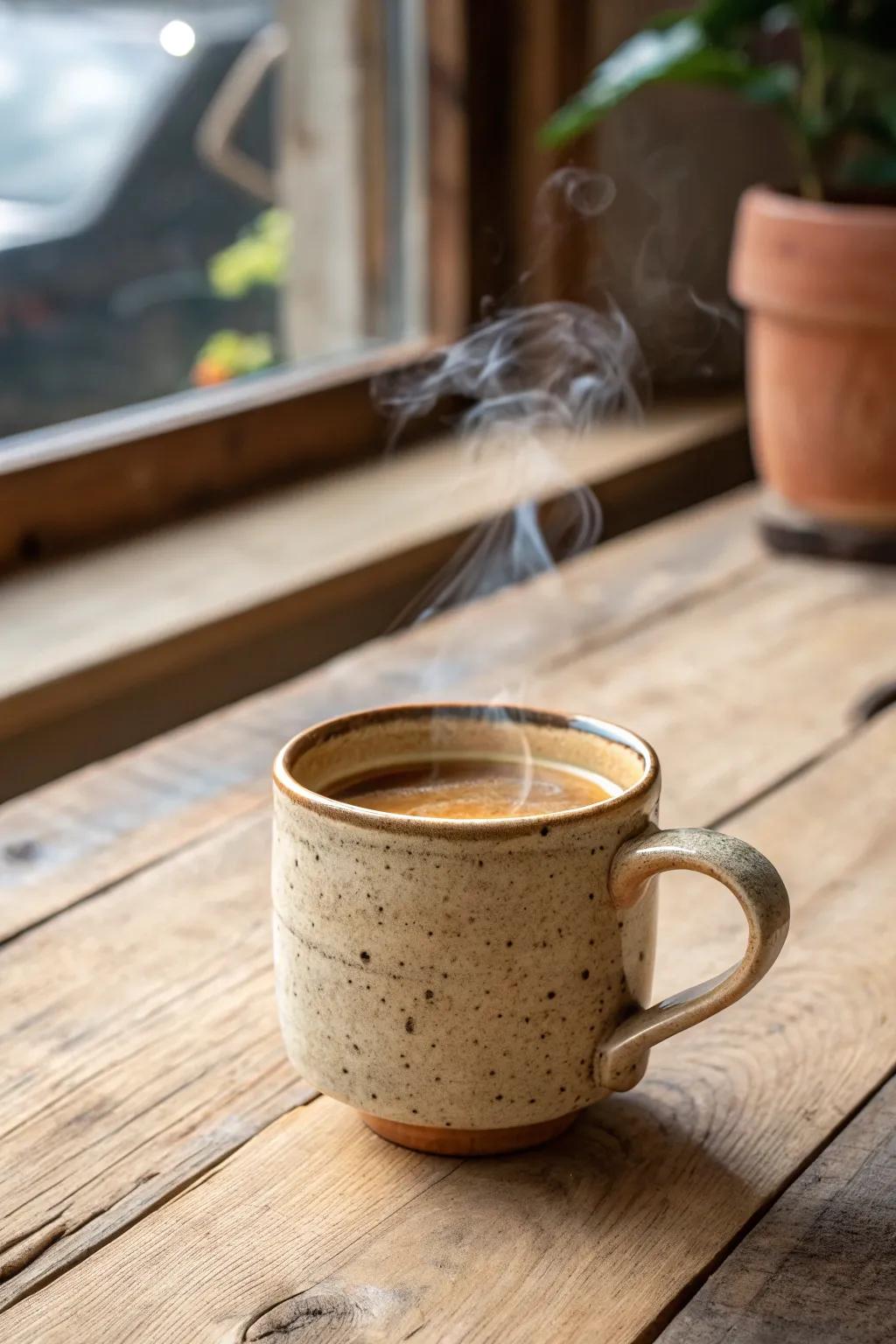 A handmade ceramic mug brings warmth and charm to every sip.