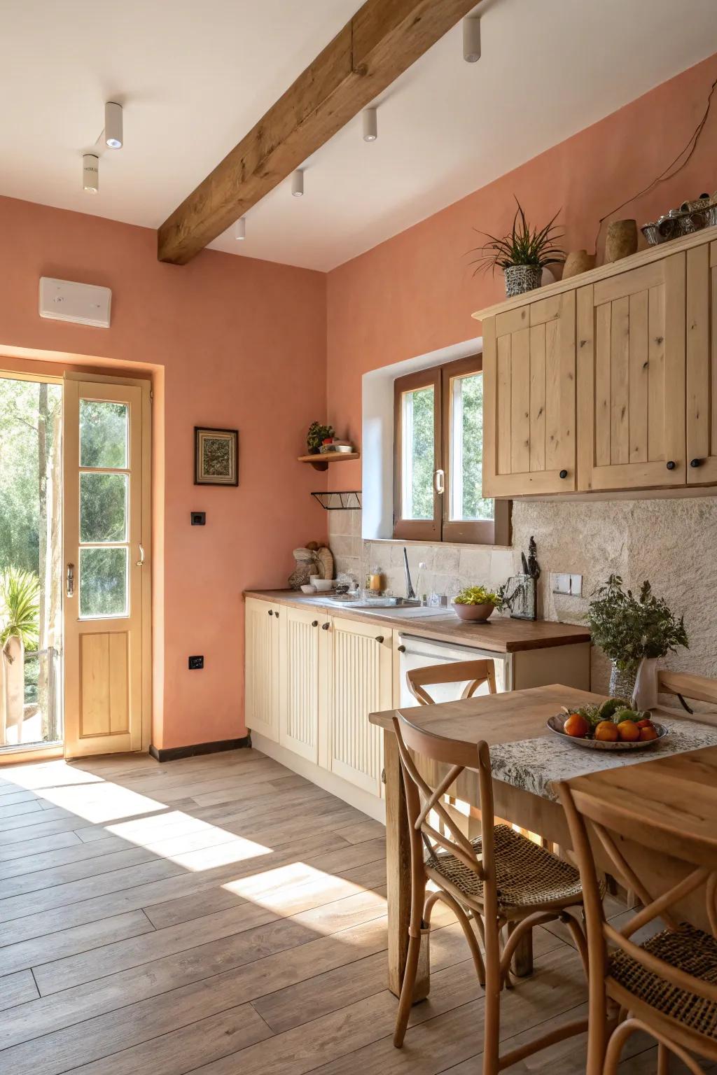 Peach walls add warmth and coziness to the kitchen.