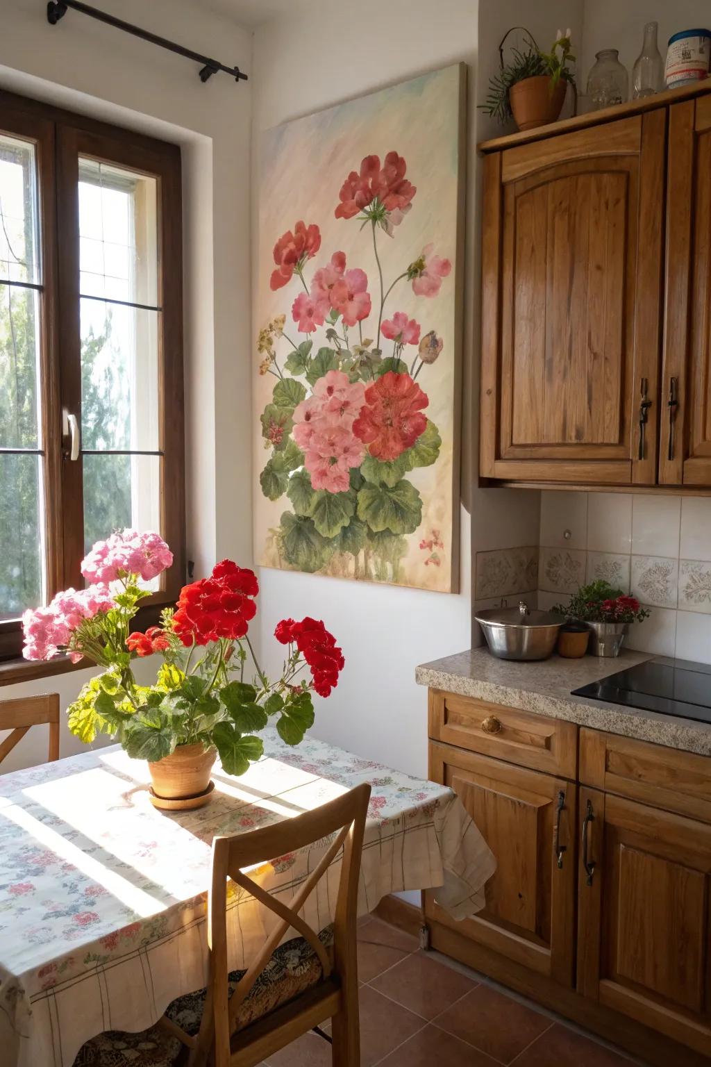 Brighten your home with a lively geranium painting.