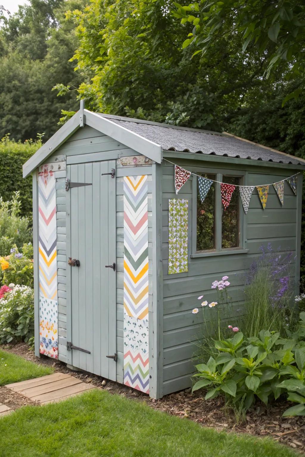 A grey shed with playful patterns, adding fun to the garden.