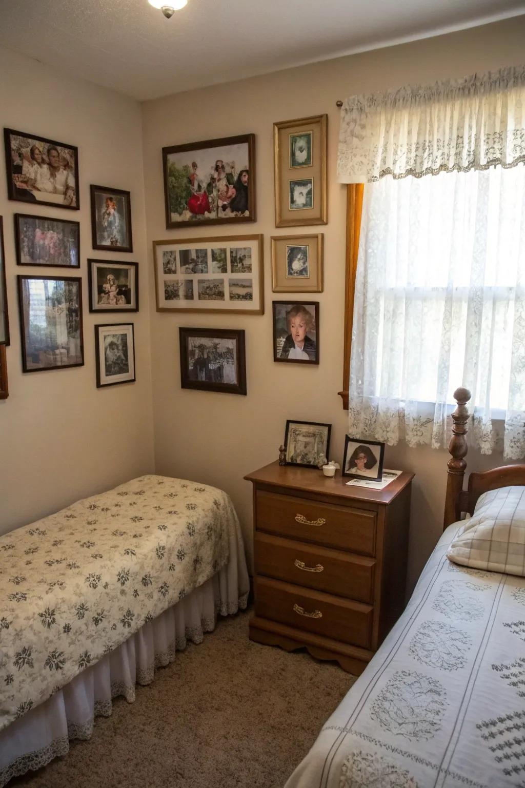 Framed family photos adding warmth and a personal touch to a small room.