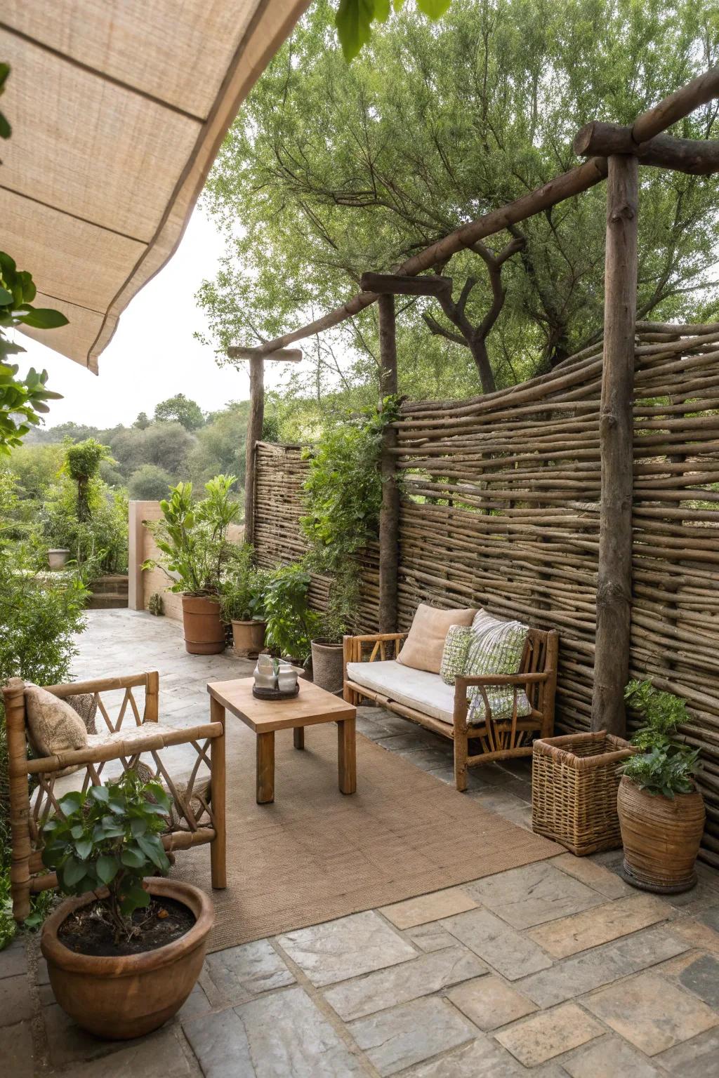 Woven branch fencing adds rustic charm and privacy.