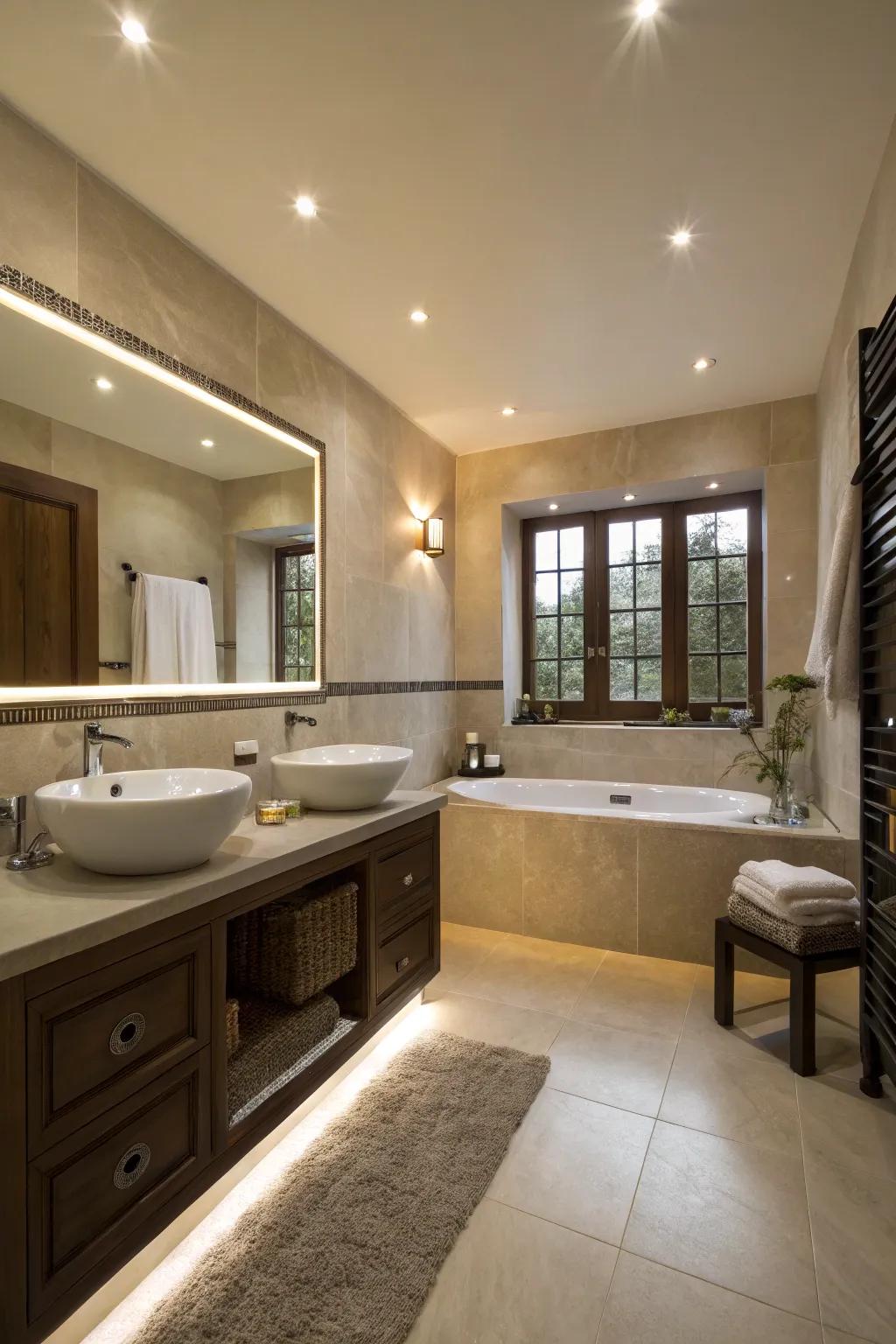 Perimeter lighting creates a serene and spa-like atmosphere.