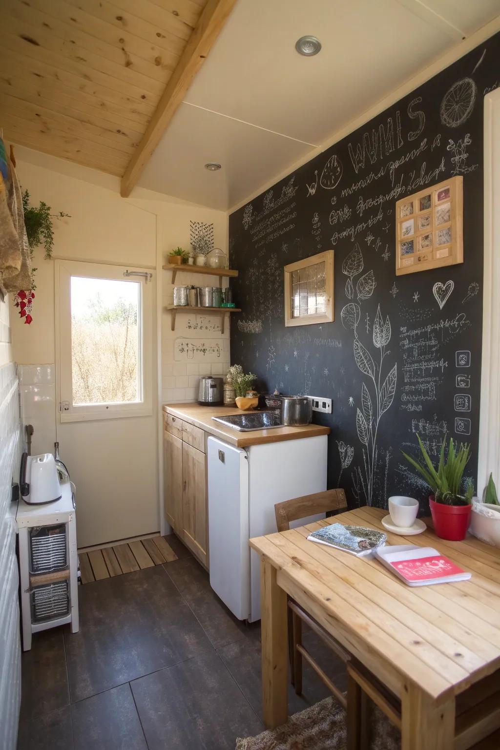 A chalkboard wall in a small kitchen adds fun and functionality.