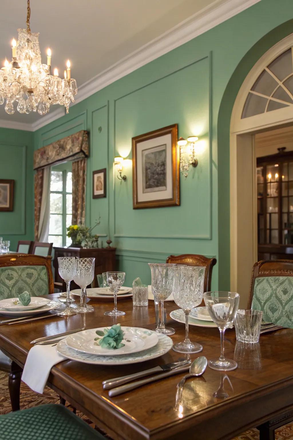 Elegant dining room with versatile seafoam green walls.