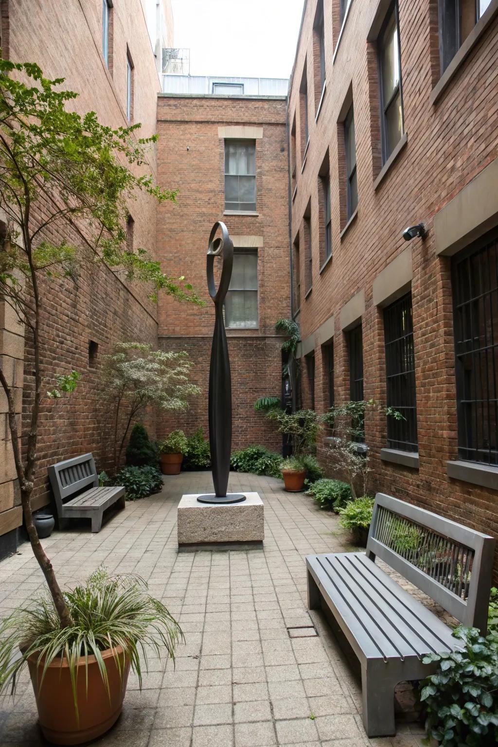 A small courtyard with a modern sculpture as a focal point.