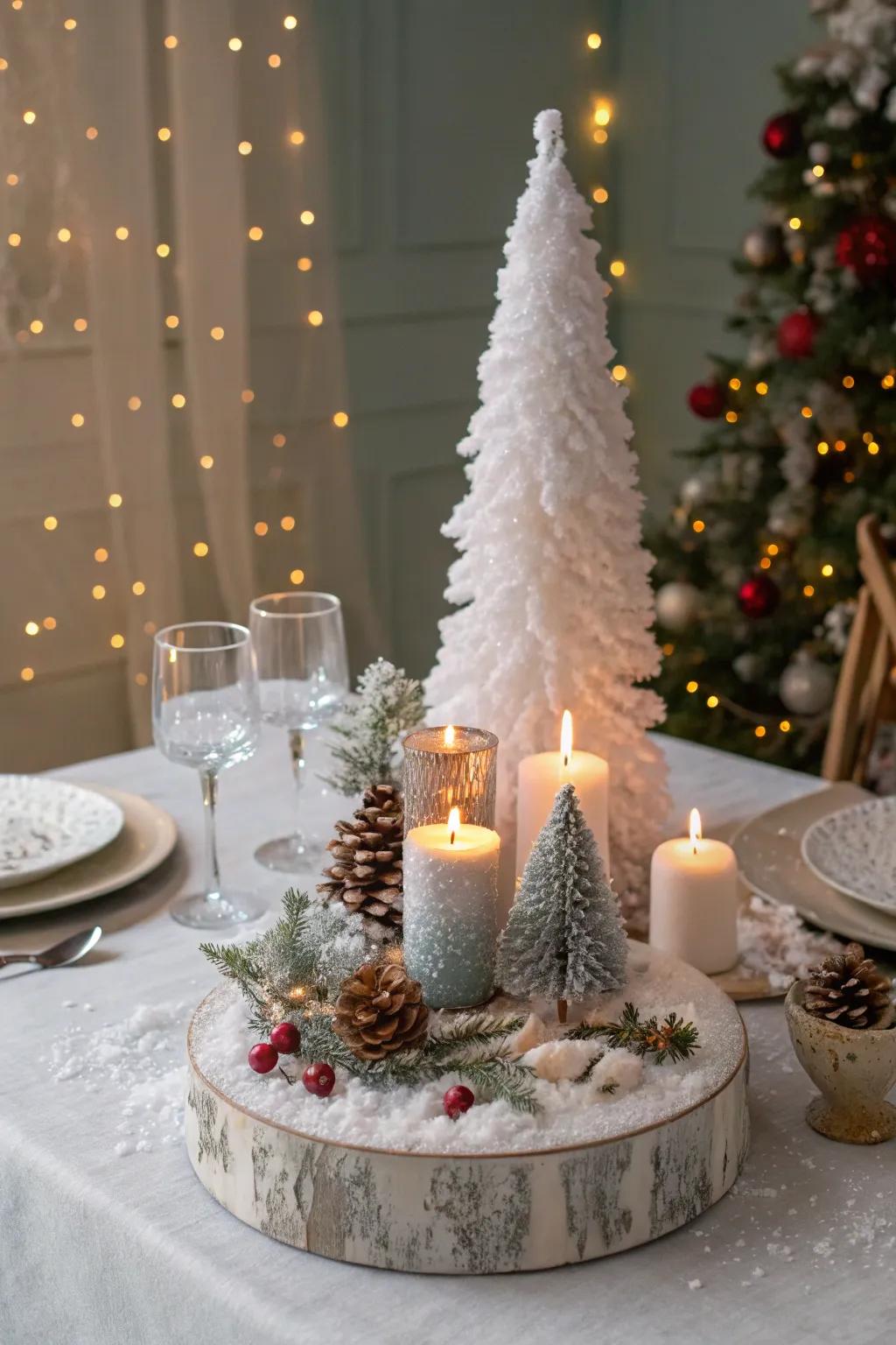 A snowy effect adds a magical, frosty charm to the Christmas table.