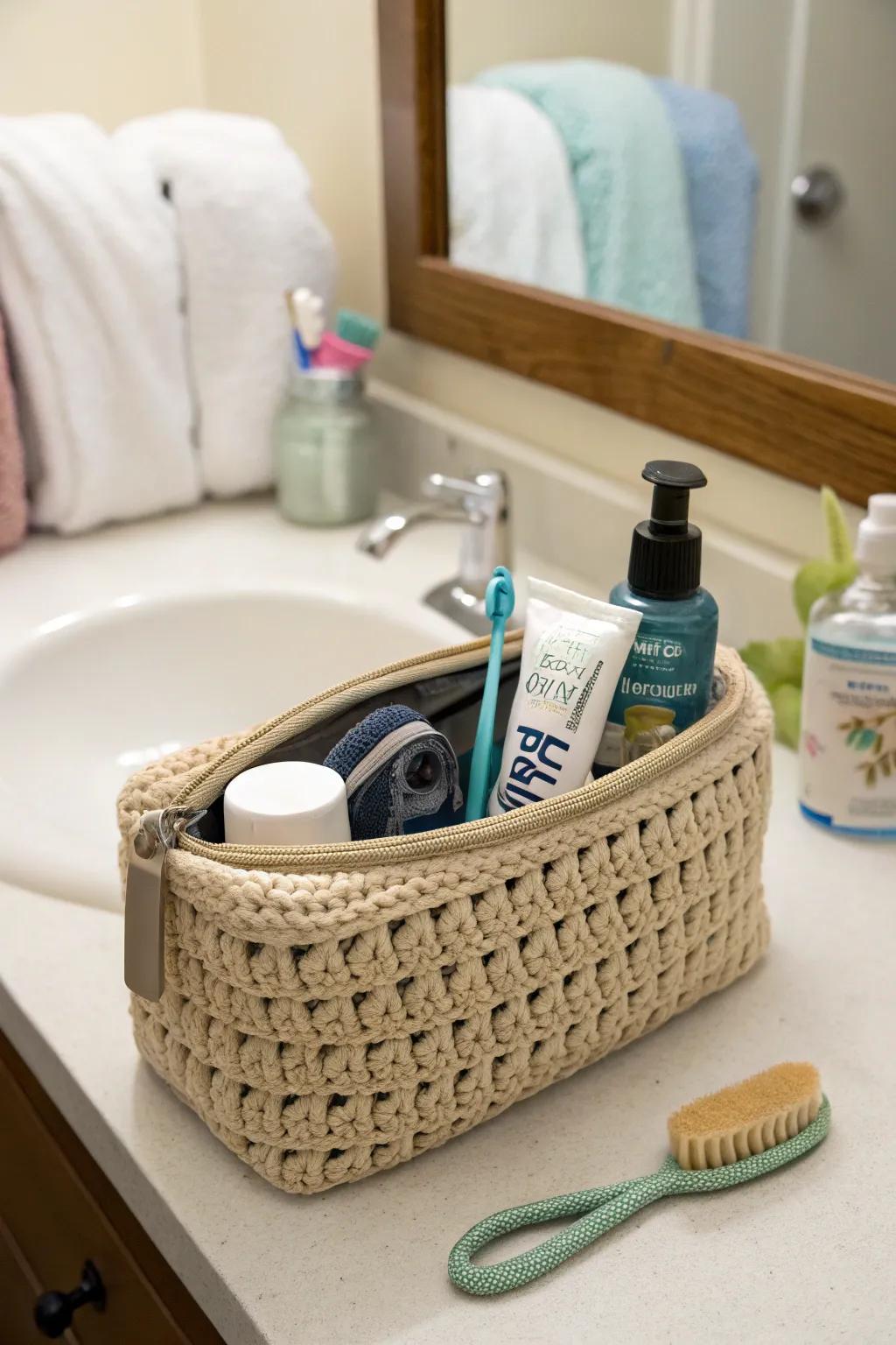 A practical crochet toiletry bag for the frequent traveler.