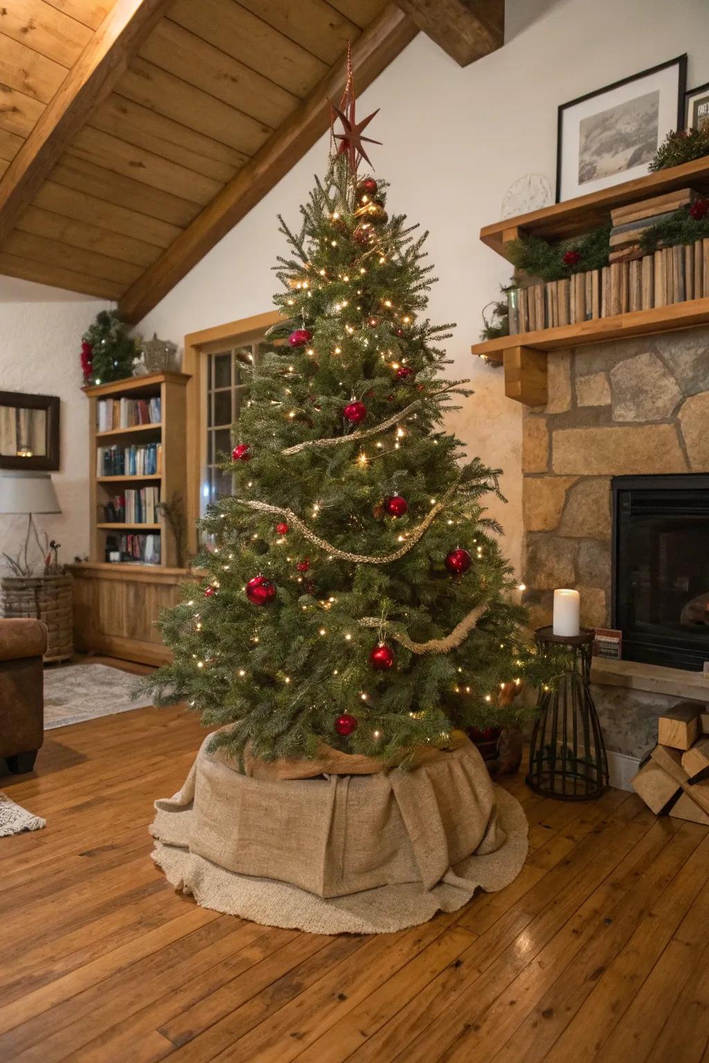 Burlap adds a rustic and natural touch to your tree base.