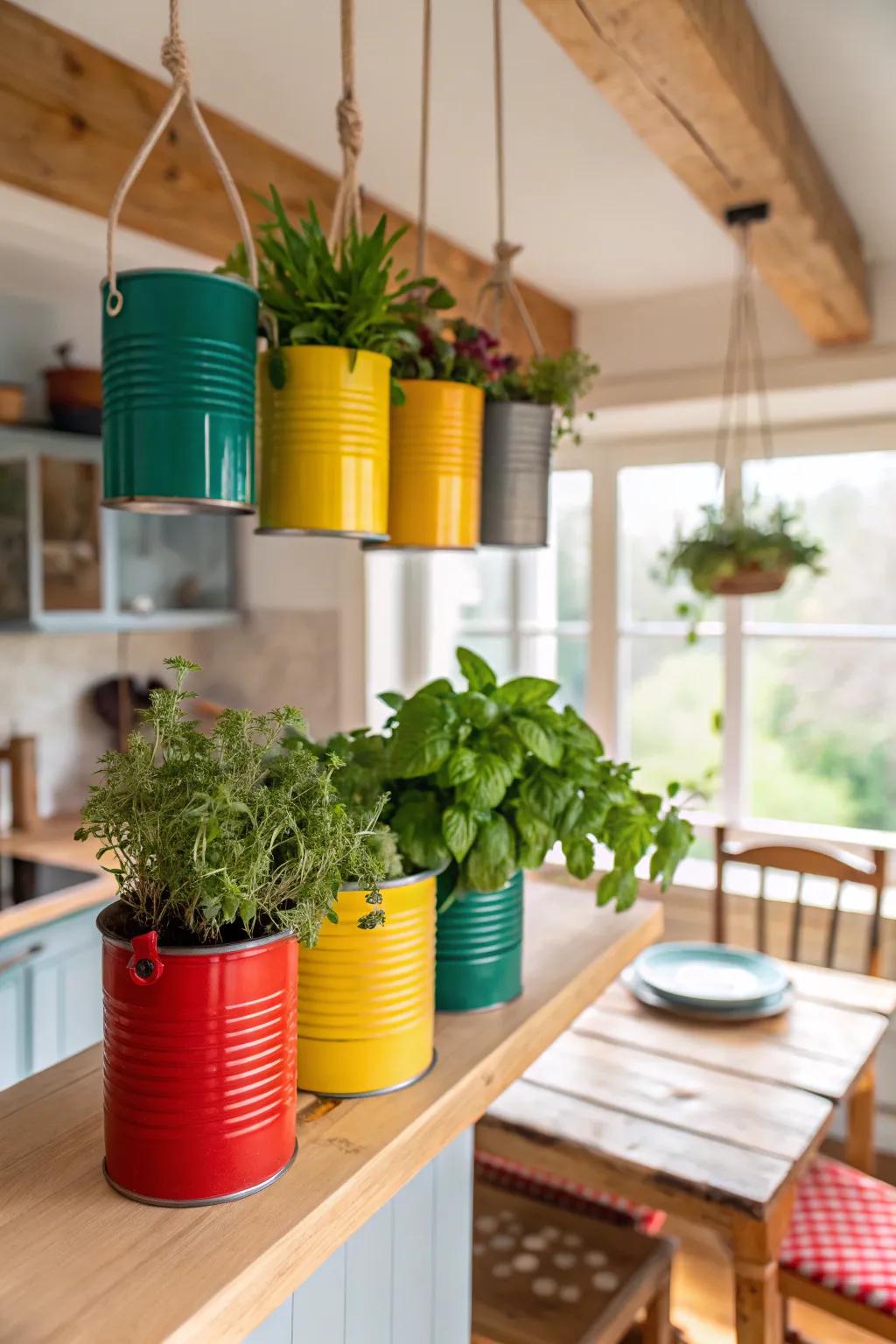 Tin cans offer a colorful, budget-friendly option for planters.