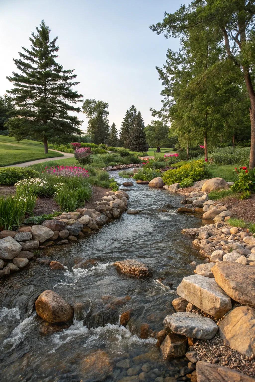 A rocky stream feature brings the essence of nature to your garden.