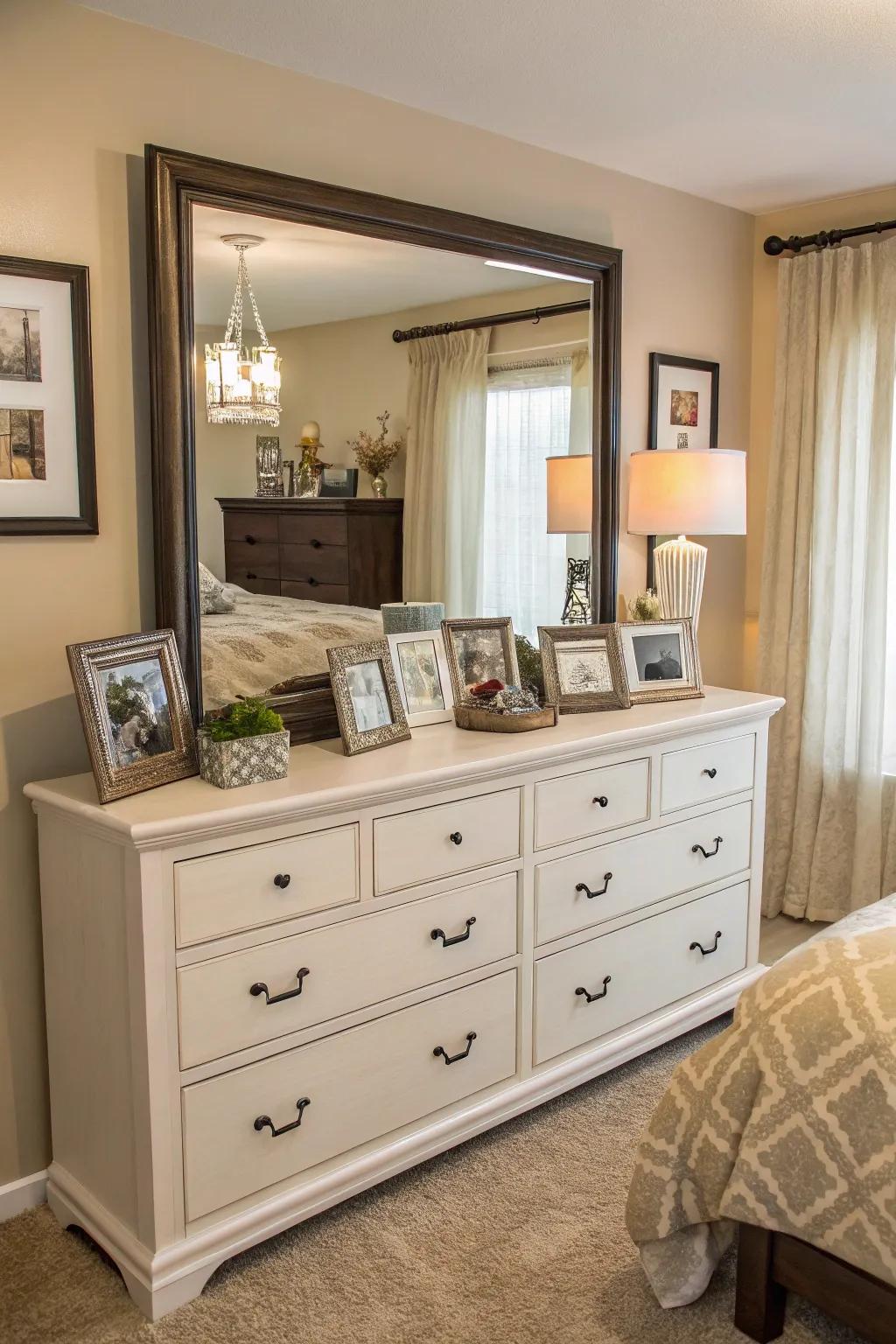 Mirrors above a dresser add depth and brightness to the bedroom.