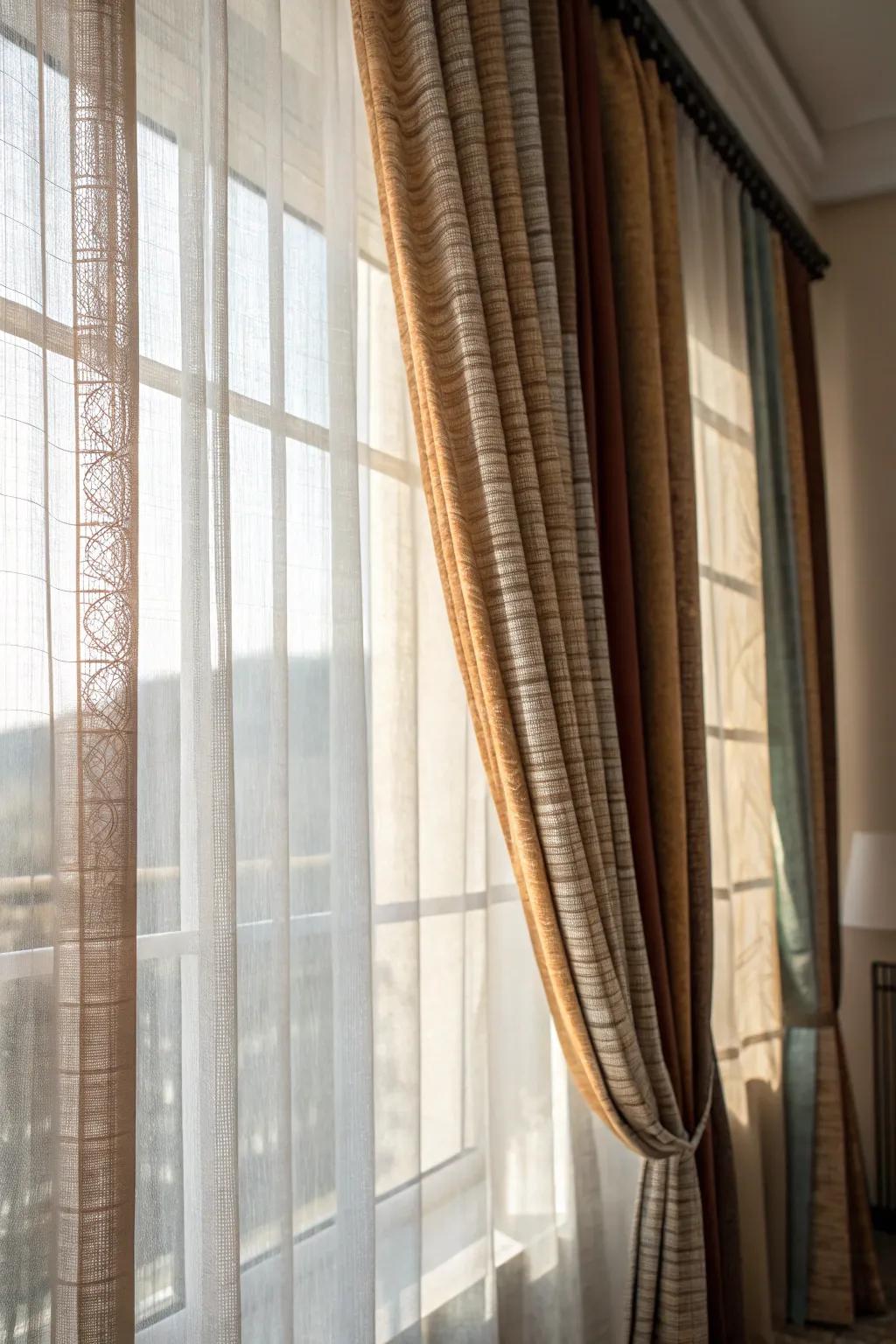 Add depth and elegance with multi-layered curtain arrangements.