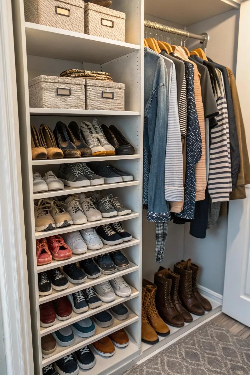 A shoe organizer keeps footwear tidy and accessible.