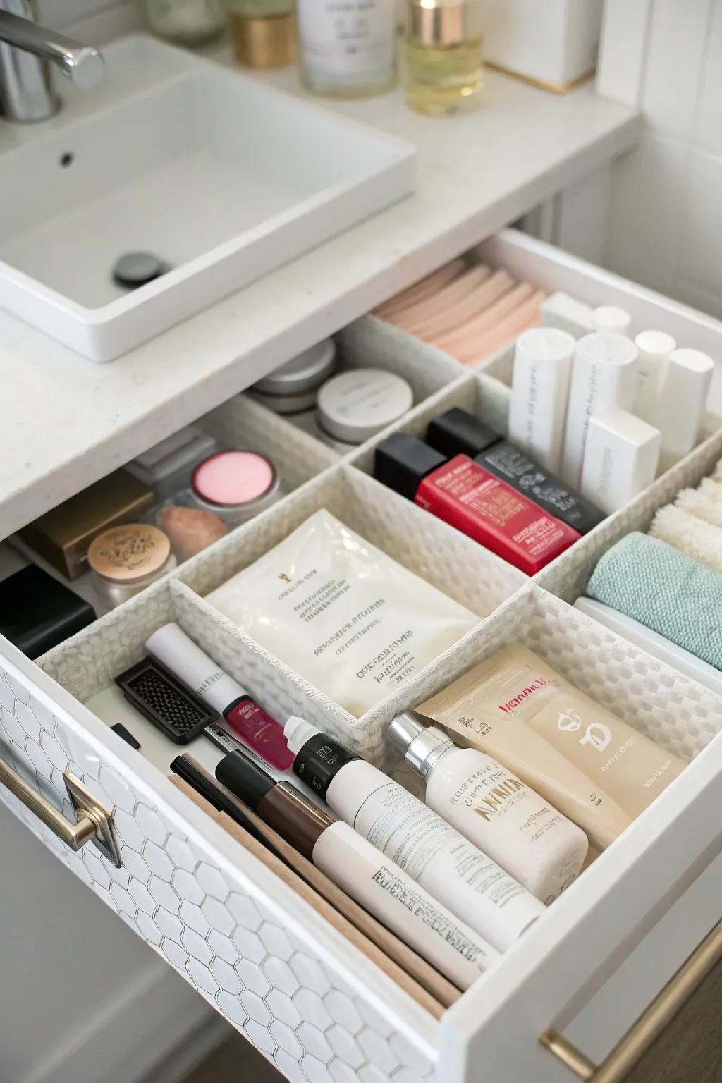 A bathroom drawer using vertical dividers to keep flat items organized and accessible.