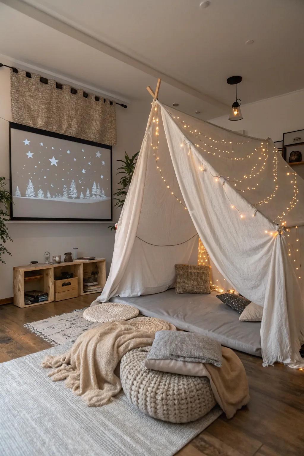 Experience the magic of a 'Movie Under the Stars' with this enchanting indoor camping setup. Perfect for a cozy night in!
