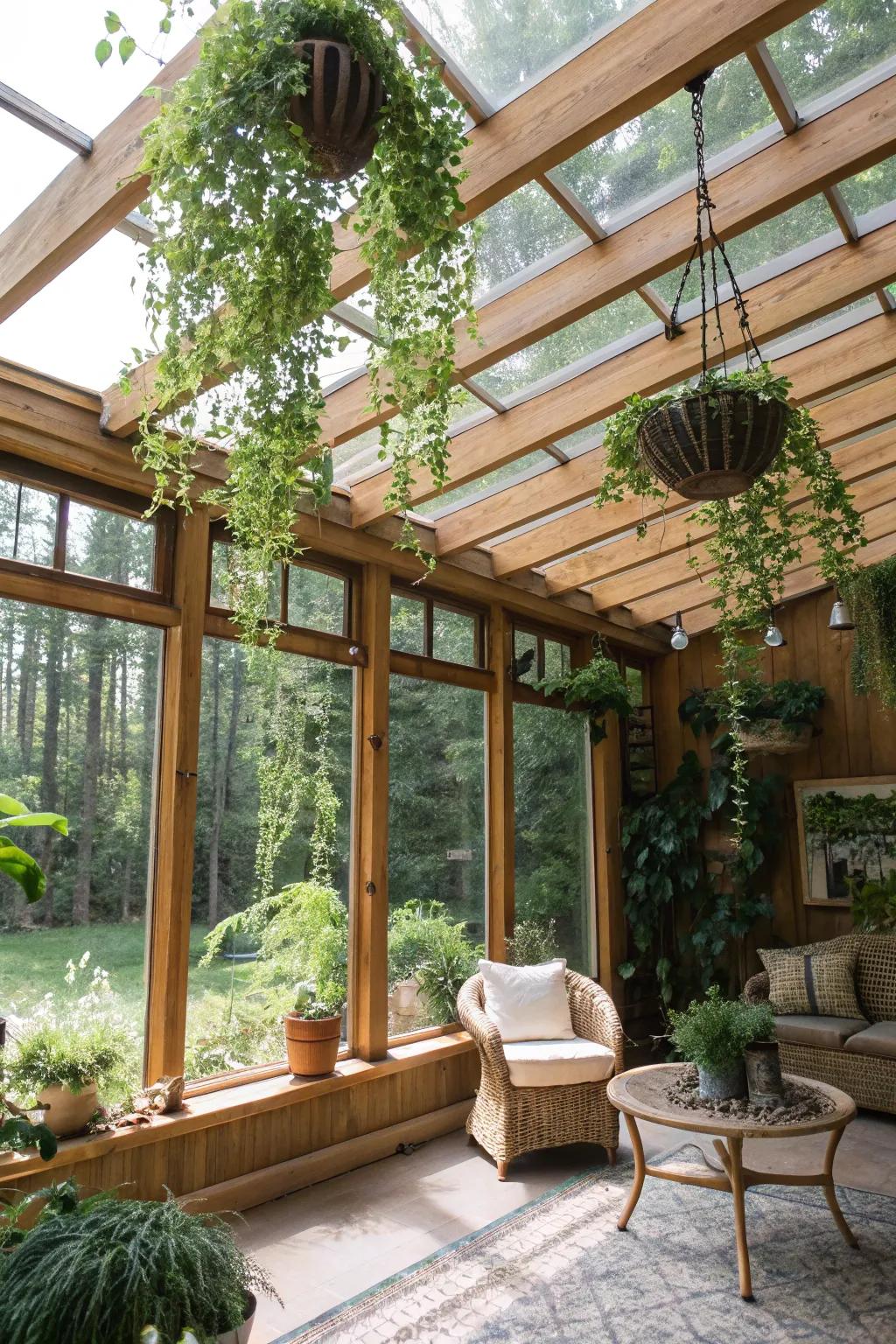 A pergola structure indoors provides a lush, outdoor-like retreat.