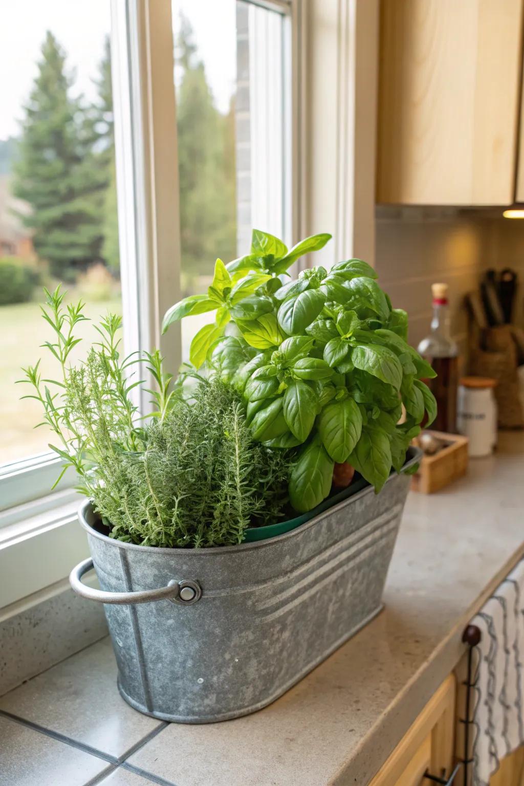 A galvanized bucket serves as a practical windowsill herb garden.