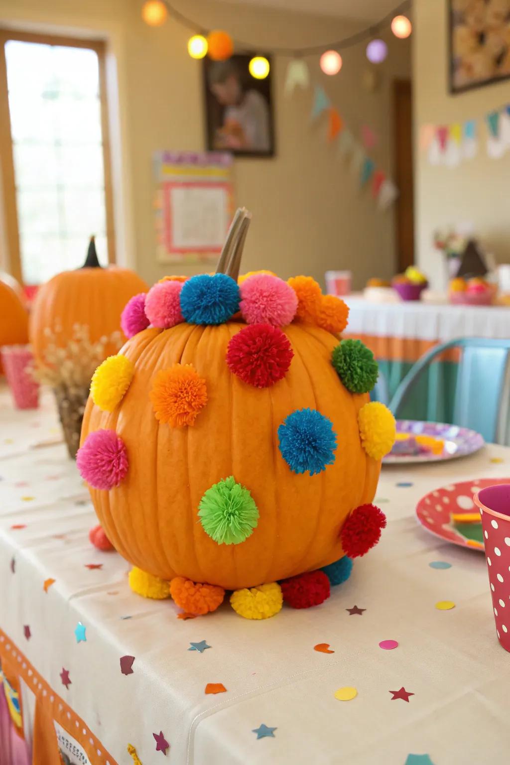 Pom-poms bring a splash of color and fun to this pumpkin.