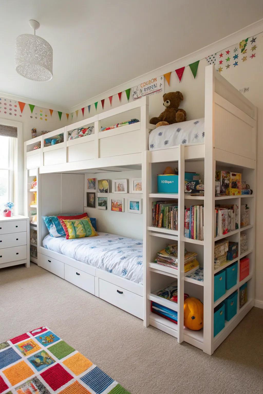 Bunk beds with storage combine sleeping and organizing in one.