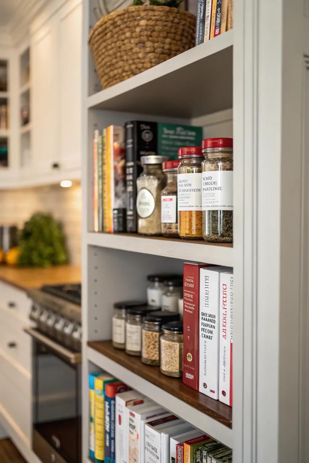 Narrow shelves at cabinet ends maximize unused spaces.