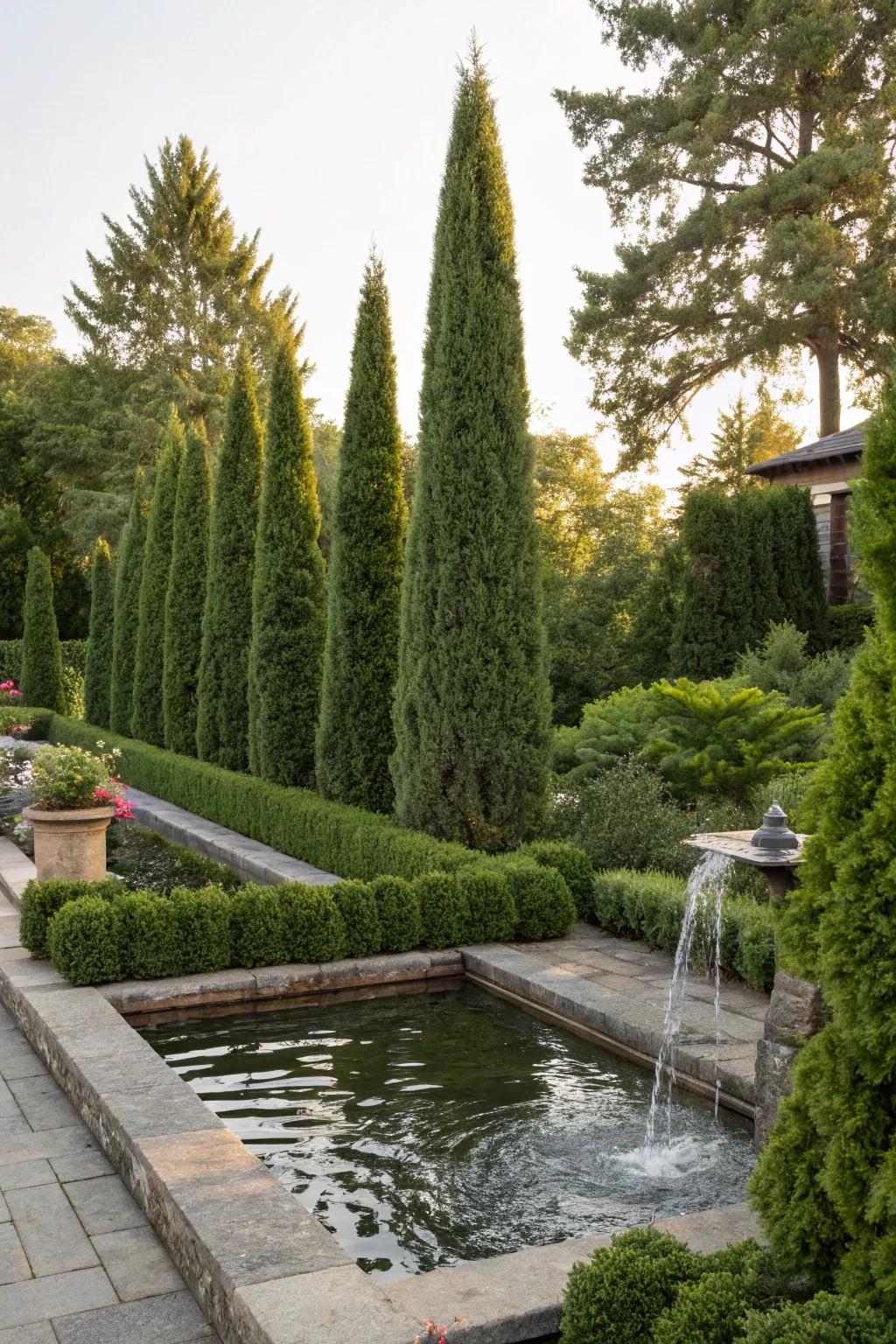 Arborvitae enhancing the tranquility of a garden water feature.