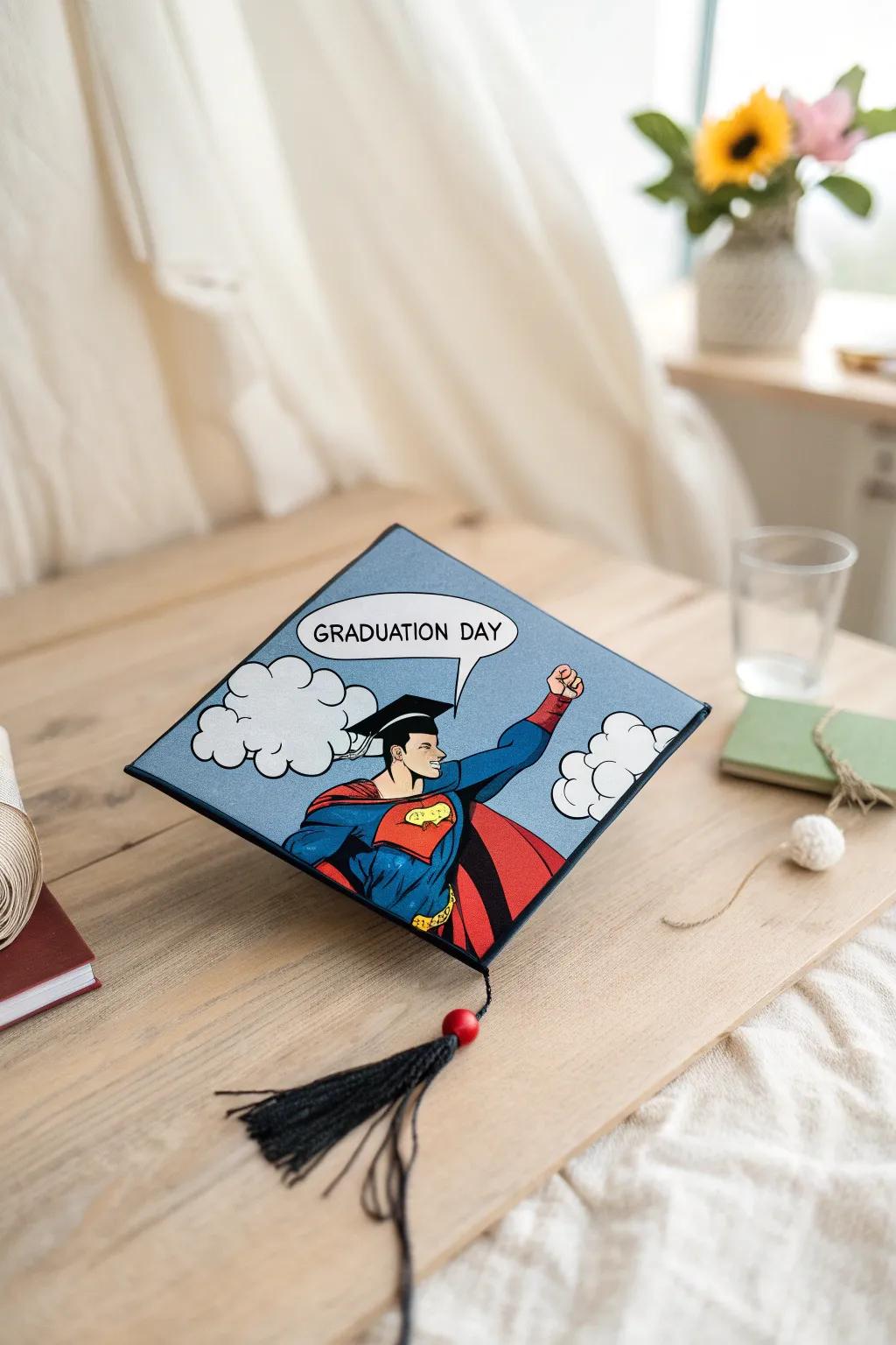 Celebrate your super-powered journey with a comic book-themed grad cap, where your special day is the 'final issue'!