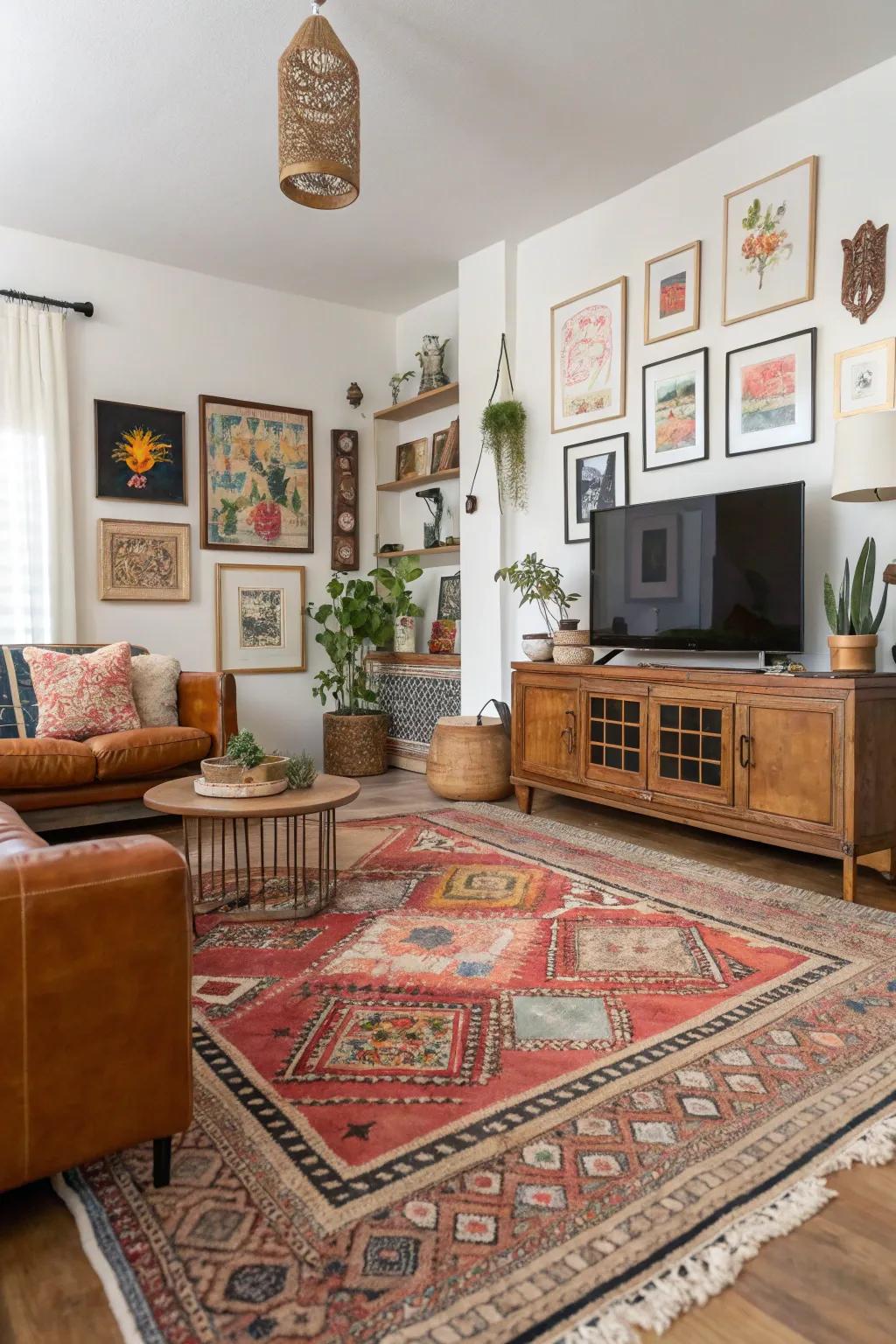 Combining old and new rugs creates a unique and personalized space.