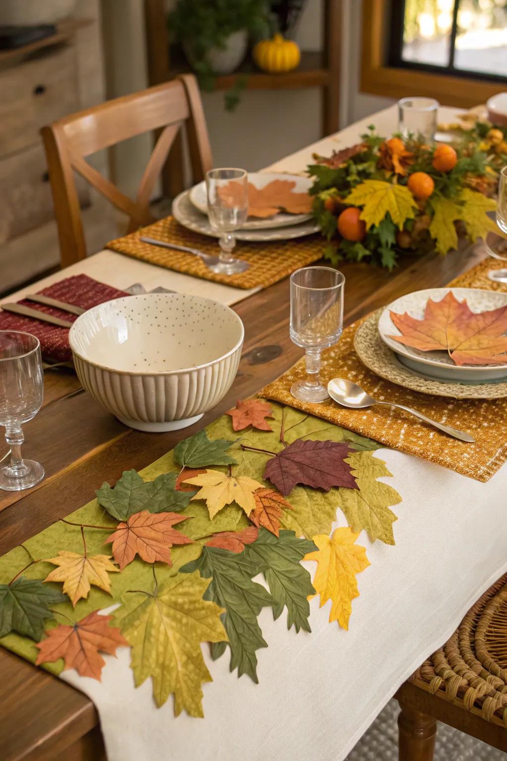 A vibrant leaf table runner setting the scene for autumn dining.