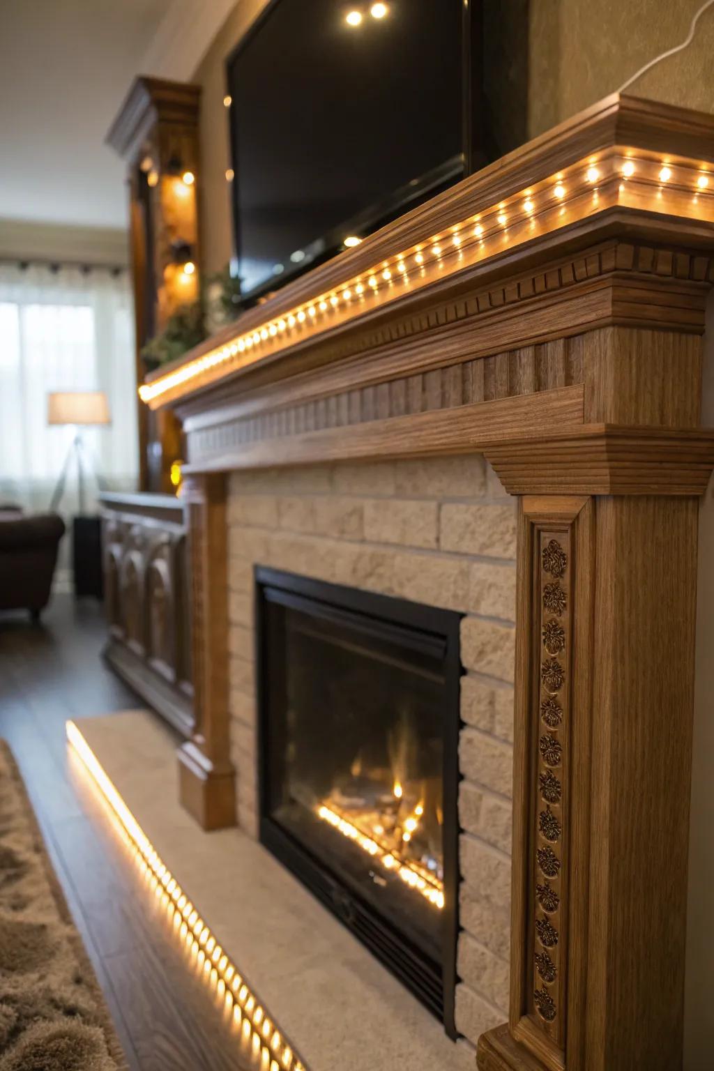 LED lighting highlights and enhances fireplace designs.