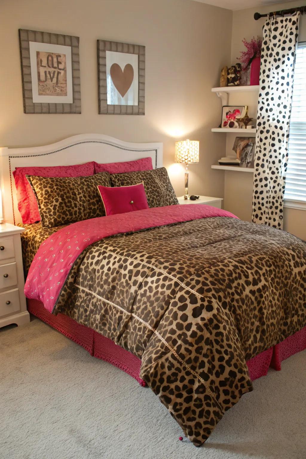 A leopard print bedding set offers a vibrant and stylish statement.