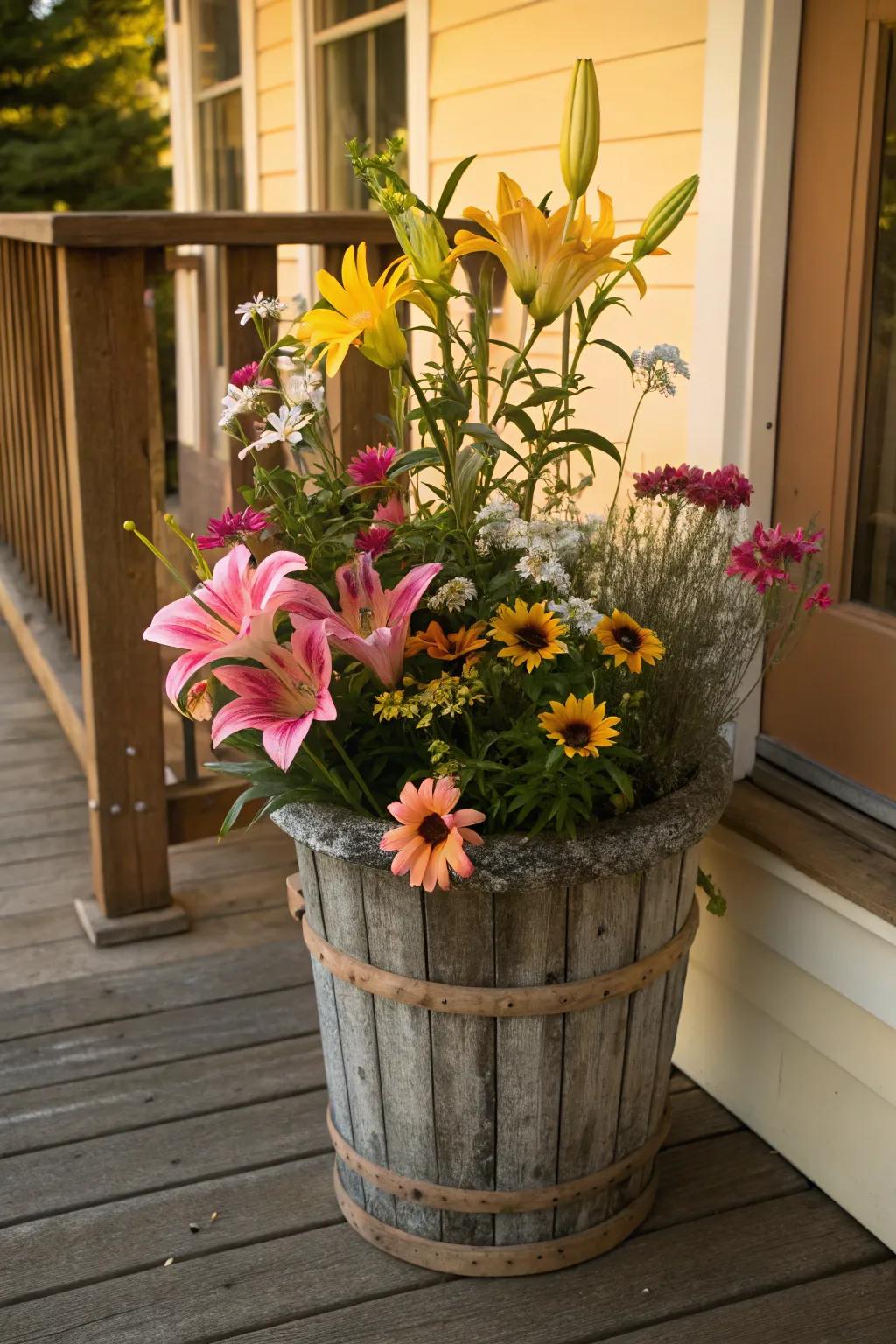 Garden-fresh beauty with lilies and wildflowers.