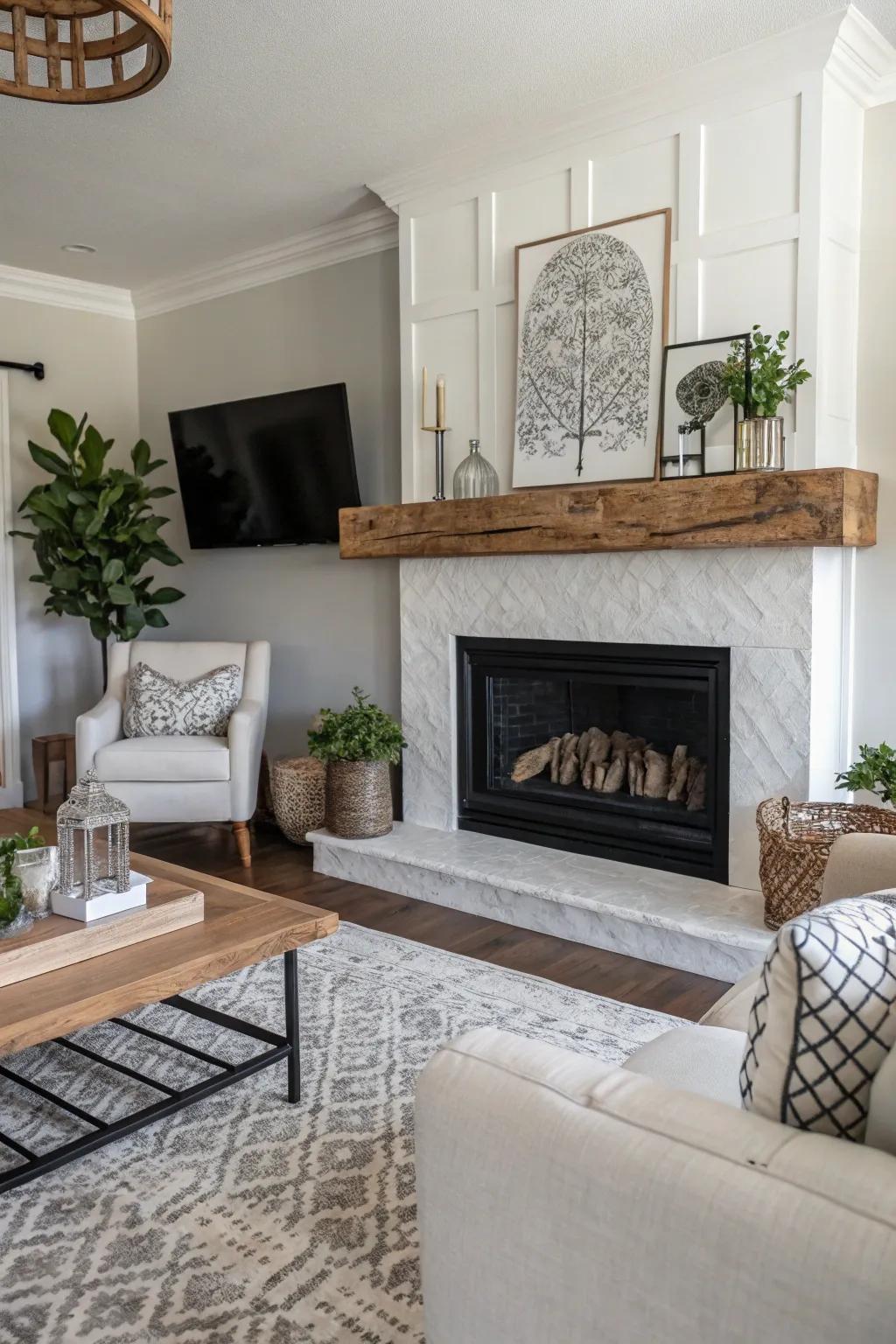 A living room featuring a live edge mantel with monochrome decor elements.