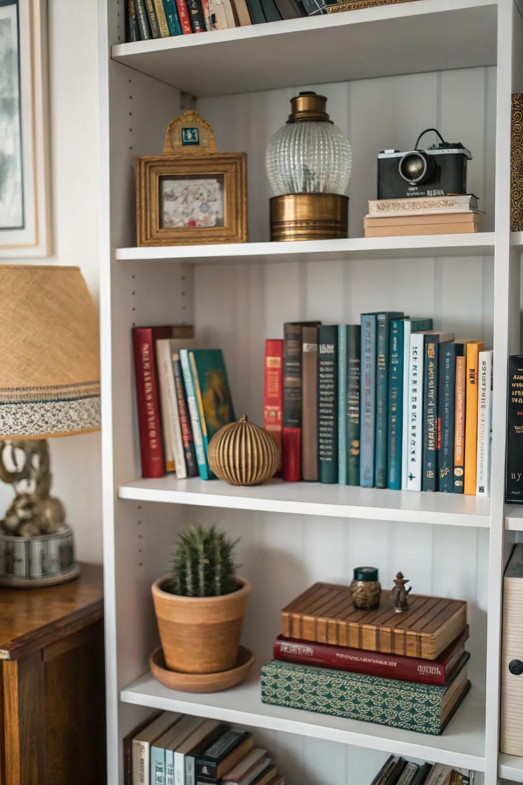 Varied shapes add dynamic visual interest to bookshelves.