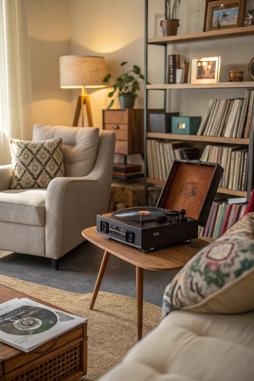 A music lover's nook with a vinyl player and cozy seating for enjoying tunes.