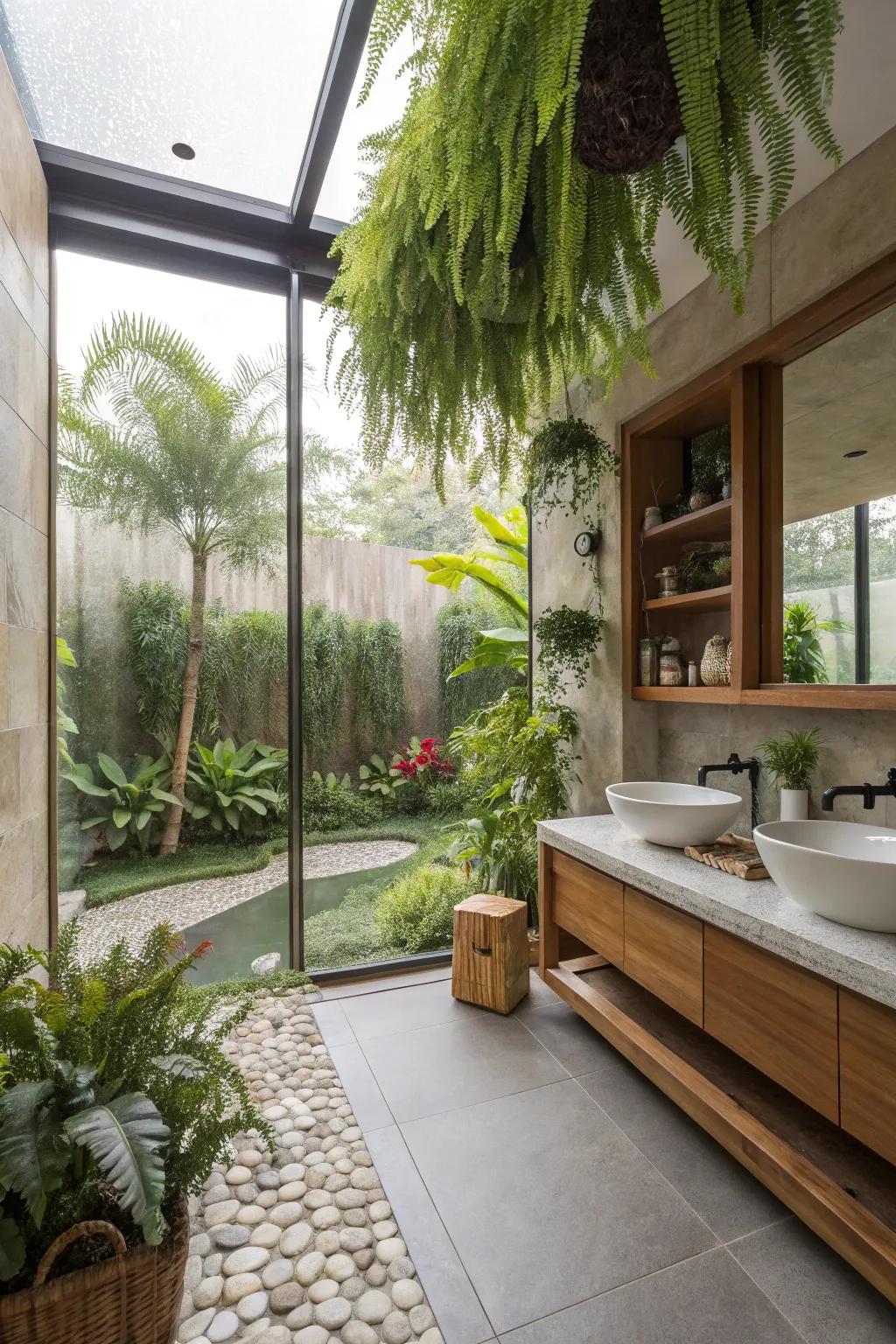 Lush greenery adds life and tranquility to this bathroom.