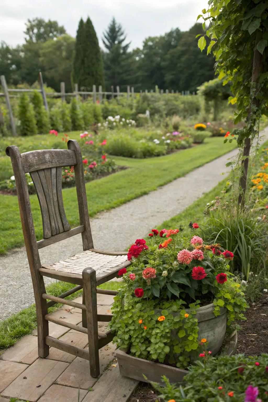 A vintage chair used as a planter adds a personal touch to the garden.