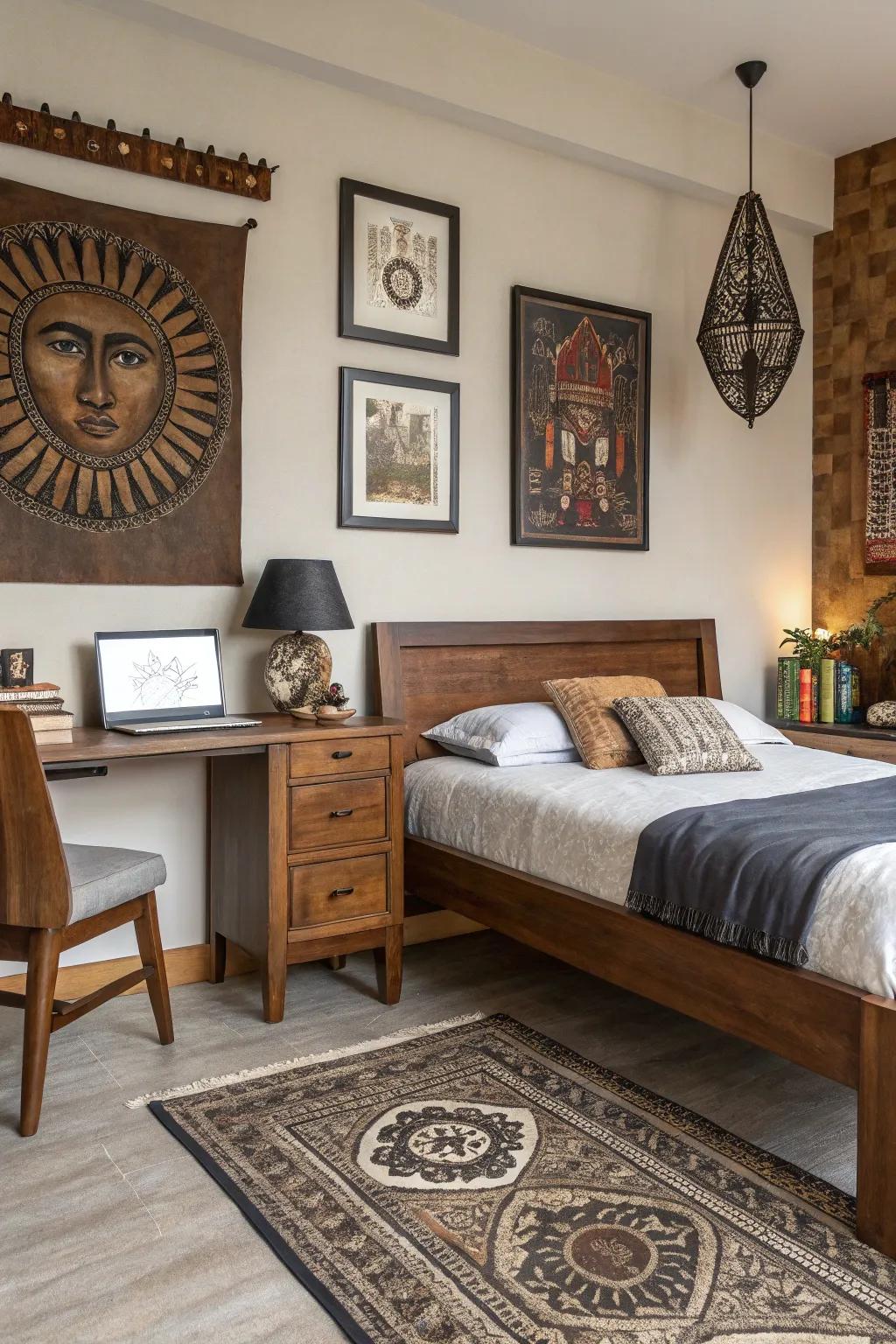 Cultural elements add personal meaning to this stylish bedroom.