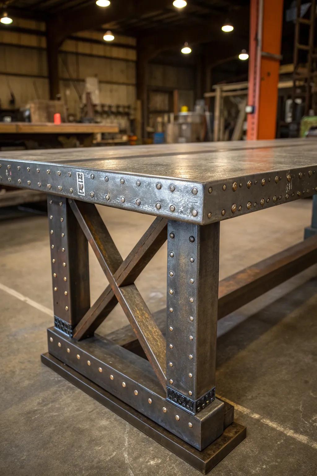 Craftsmanship at its finest: A sturdy I-beam table built to withstand the toughest tasks.