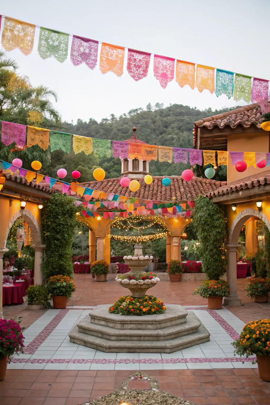 A wedding venue transformed into a charming Mexican plaza with traditional decor.