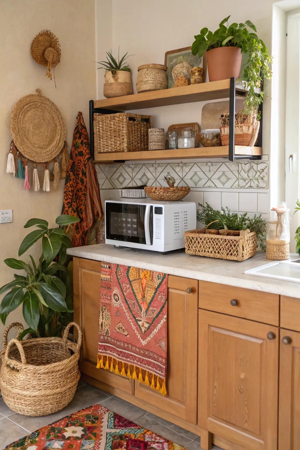 Boho chic style for a whimsical microwave display.