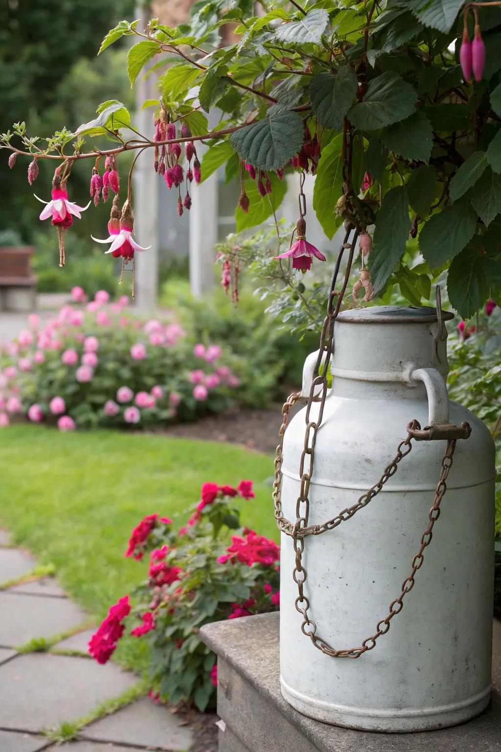 A milk can transformed into a hanging planter offers vertical interest.