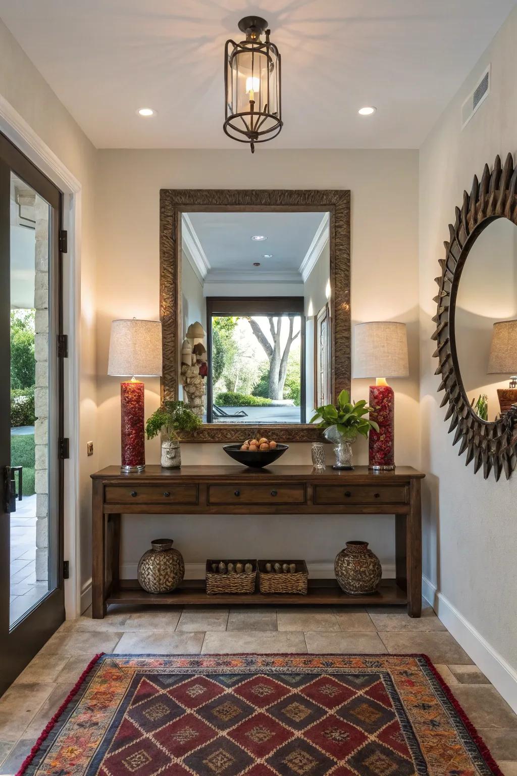 Off-center mirror placement adds a dynamic twist to decor.