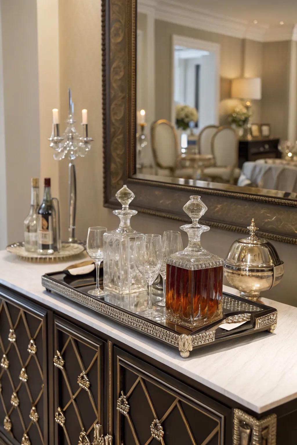 A mirror tray turns your sideboard into a sophisticated entertaining space.