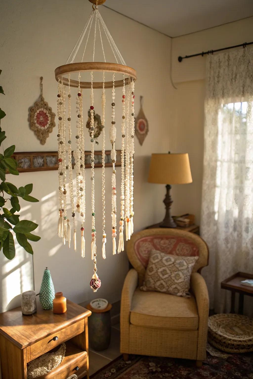 A beaded curtain mobile bringing a bohemian vibe to the space.