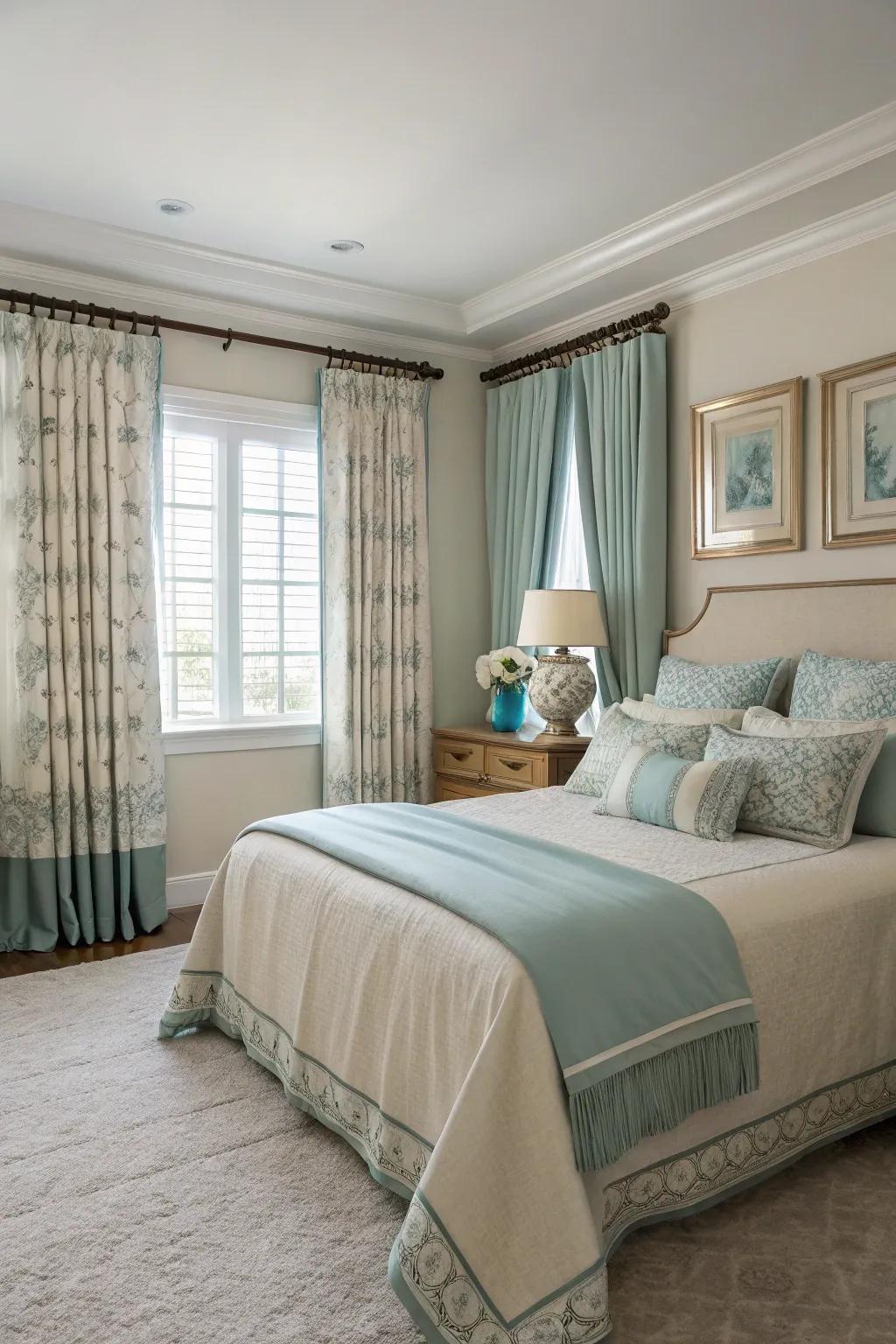 Color coordination between linens and window treatments creates harmony.