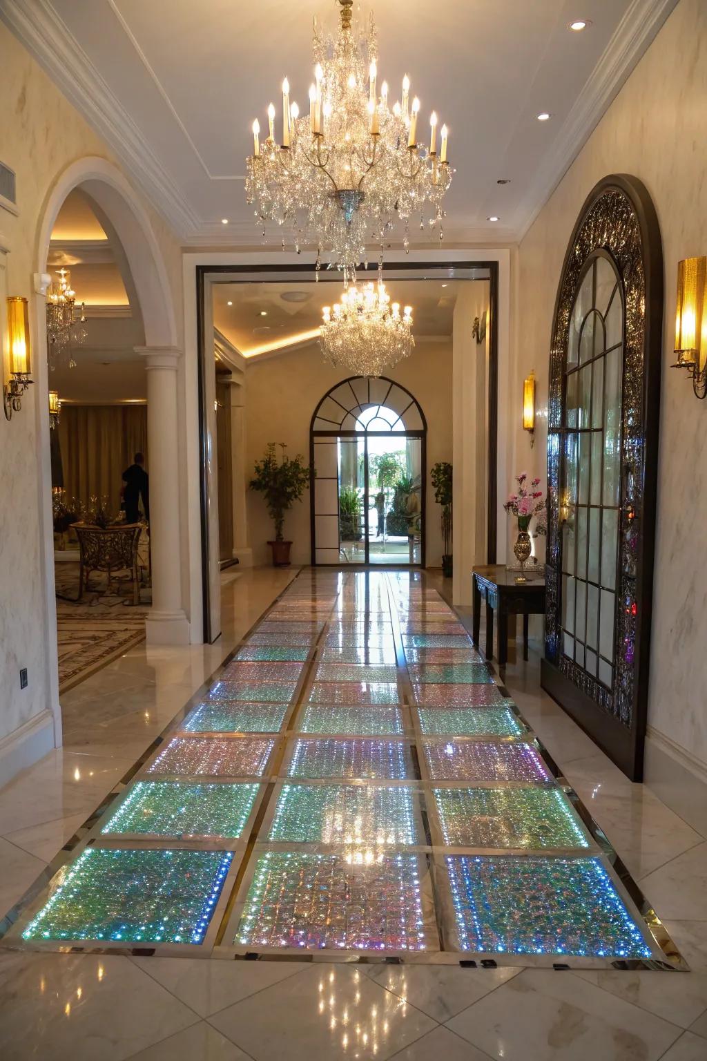 Glass tiles add reflective beauty and brightness to this entryway.